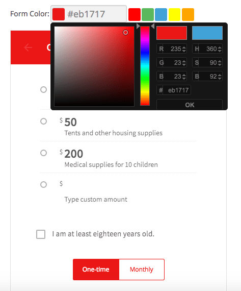 custom colours donation forms