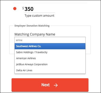 This example shows how donors can search for their company's matching gift program directly on the donation form. 