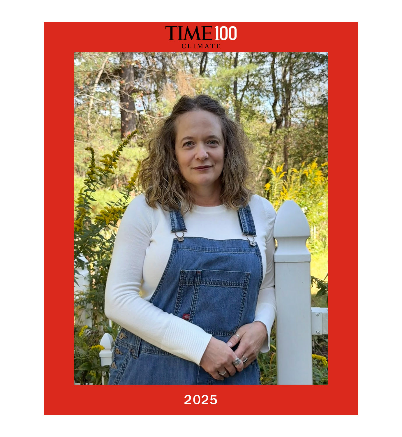 Photo of Rebecca Lindsey standing against a white fence post.