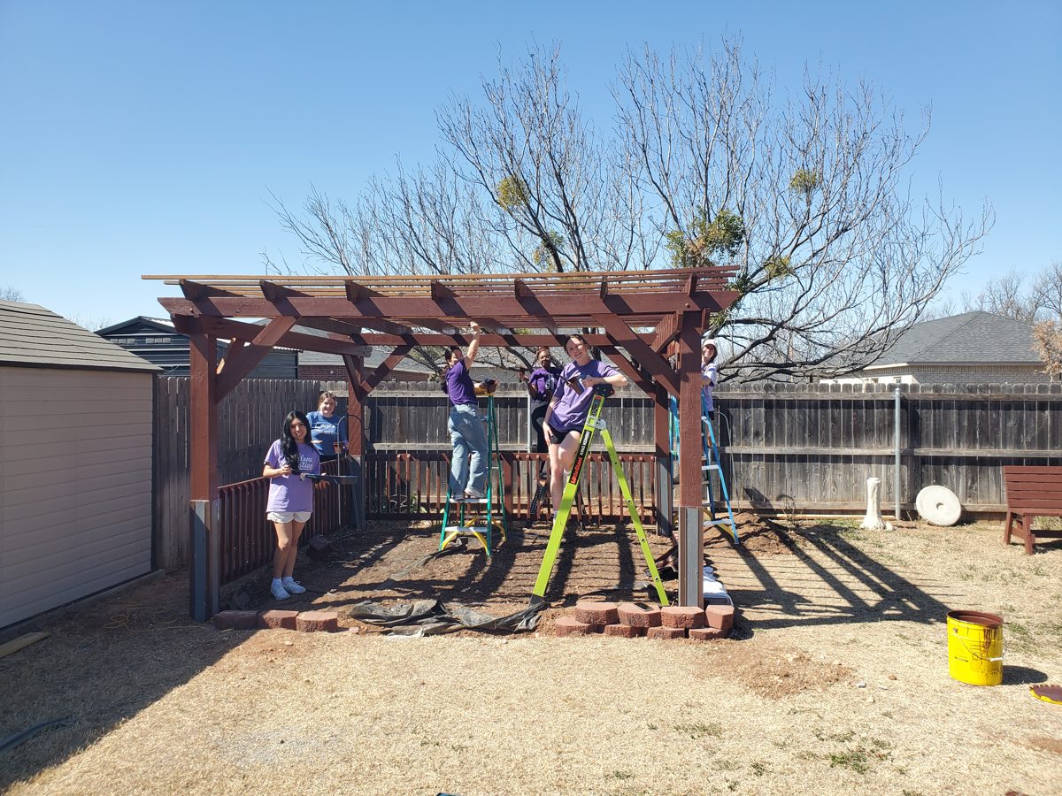 Student volunteers building a pergola