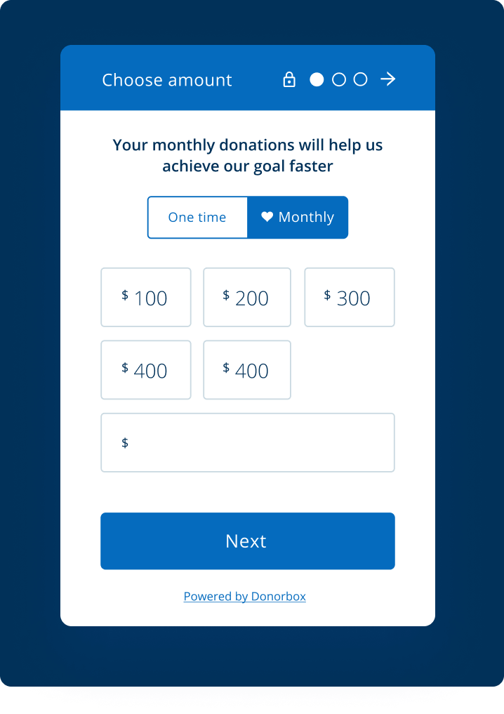 A pop up donation form opens up when your donors clicks “Donate”, letting the entire donation take place on your WordPress site.