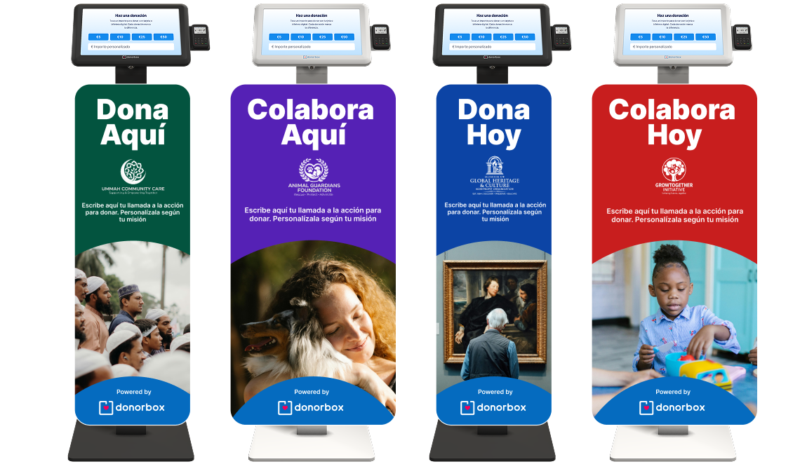 Donorbox Live kiosks with custom branded floor stand signage