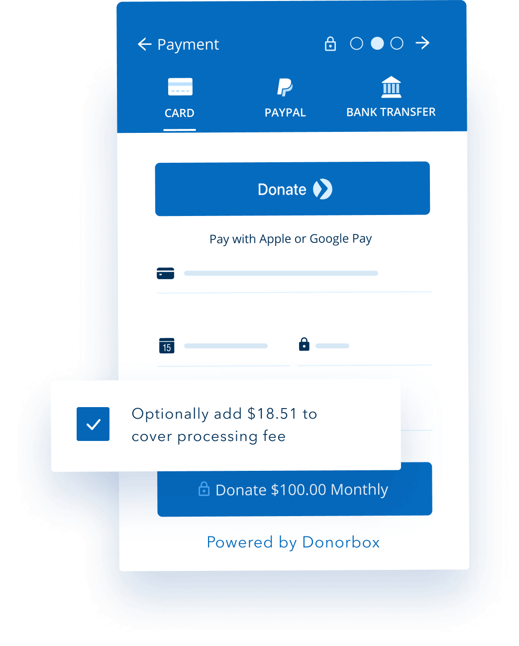 Donorbox can be completely free if you ask donors to cover your transaction fees.
