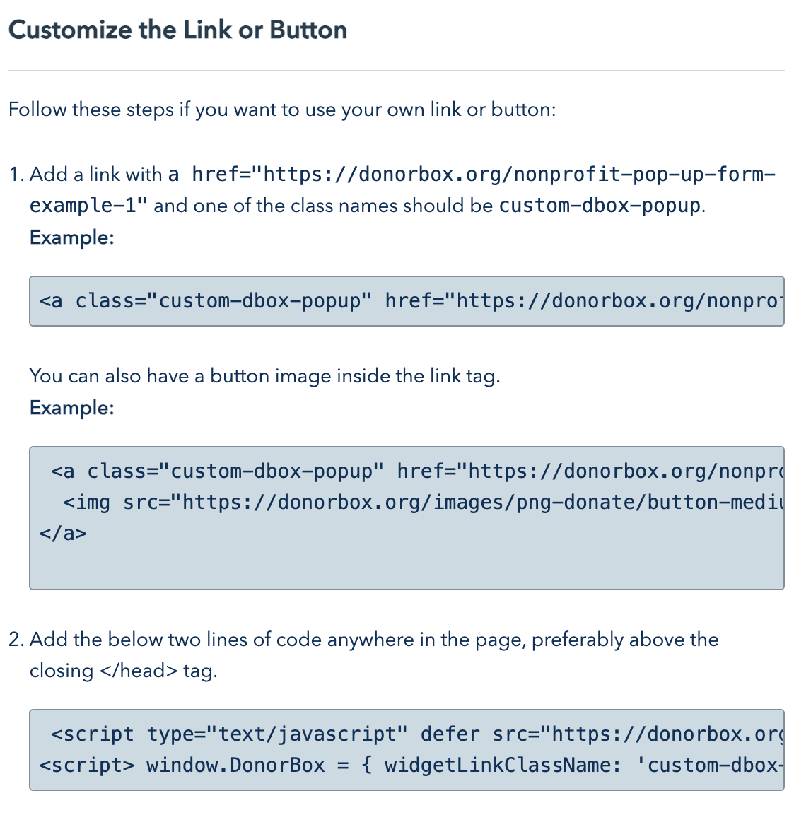 Screenshot showing the options for copying custom link and button code. 