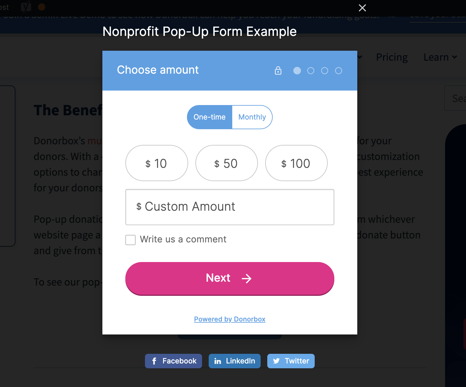 Screenshot showing a pop-up donation form in action. 