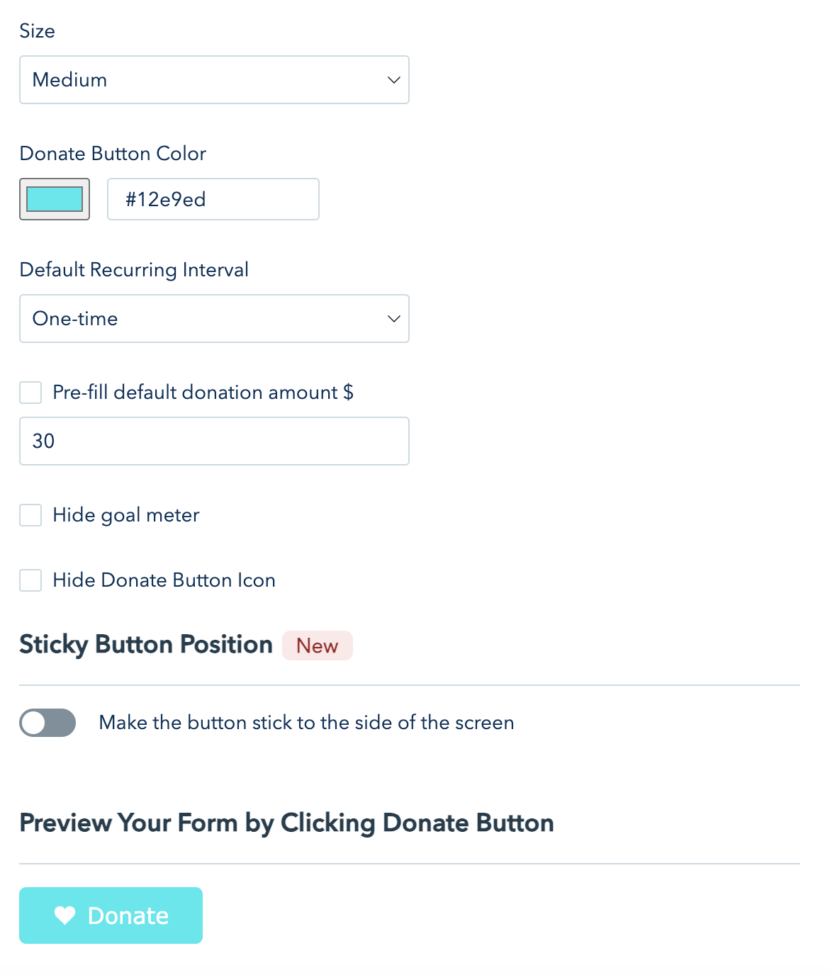 Screenshot showing the customization options for your pop-up form donation button.