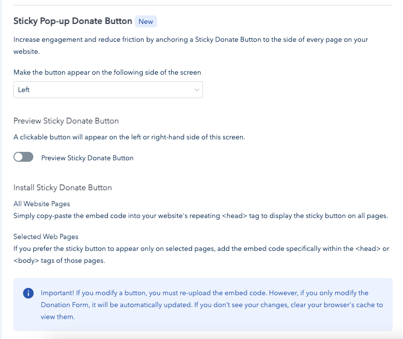 Screenshot shows the pop-up form Sticky Donate Button option on Donorbox.