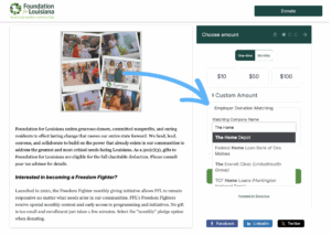 Screenshot of Foundation for Louisiana's Donorbox-powered online donation form with Double the Donation integration