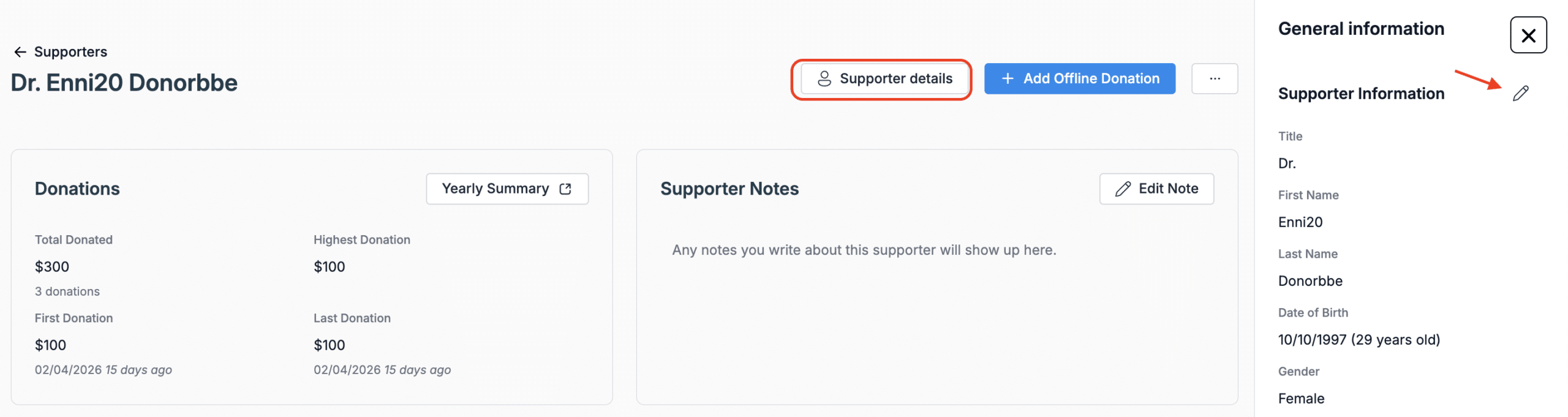 Screenshot showing how to edit supporter details on Donorbox