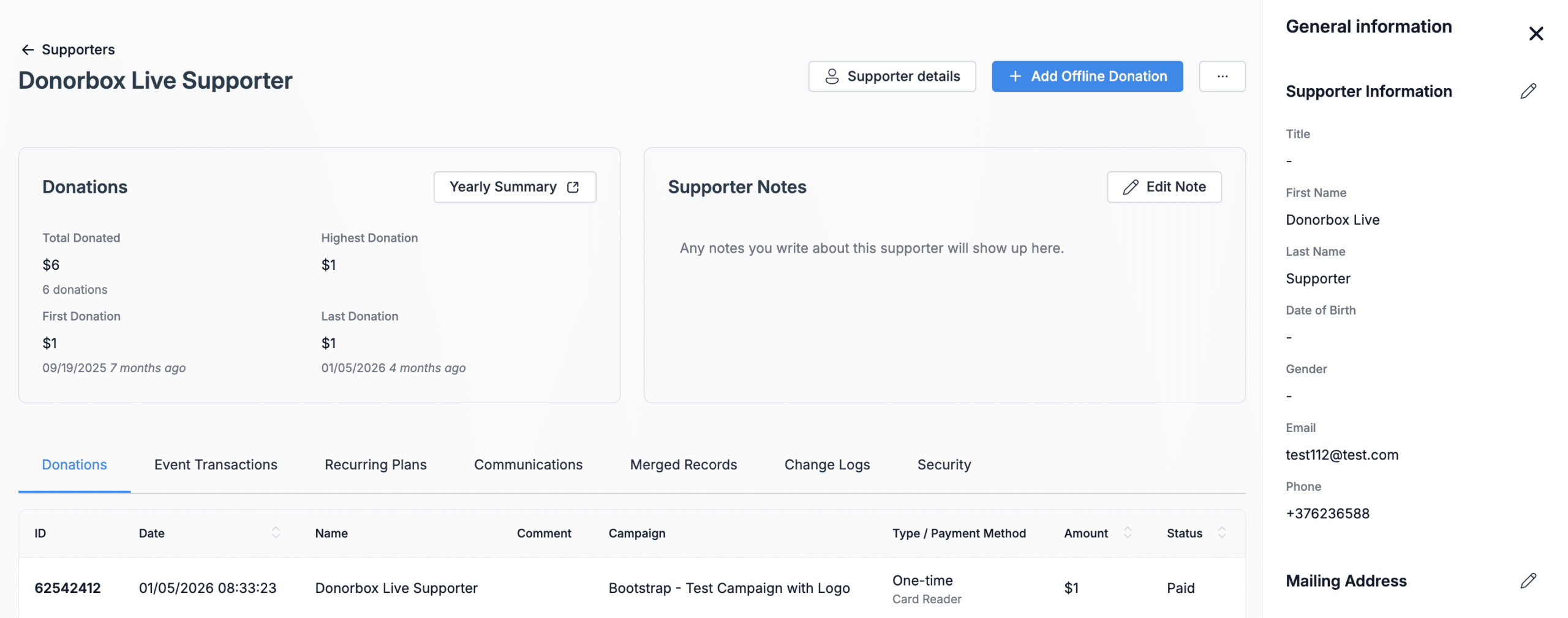 Screenshot of individual donor profiles on Donorbox