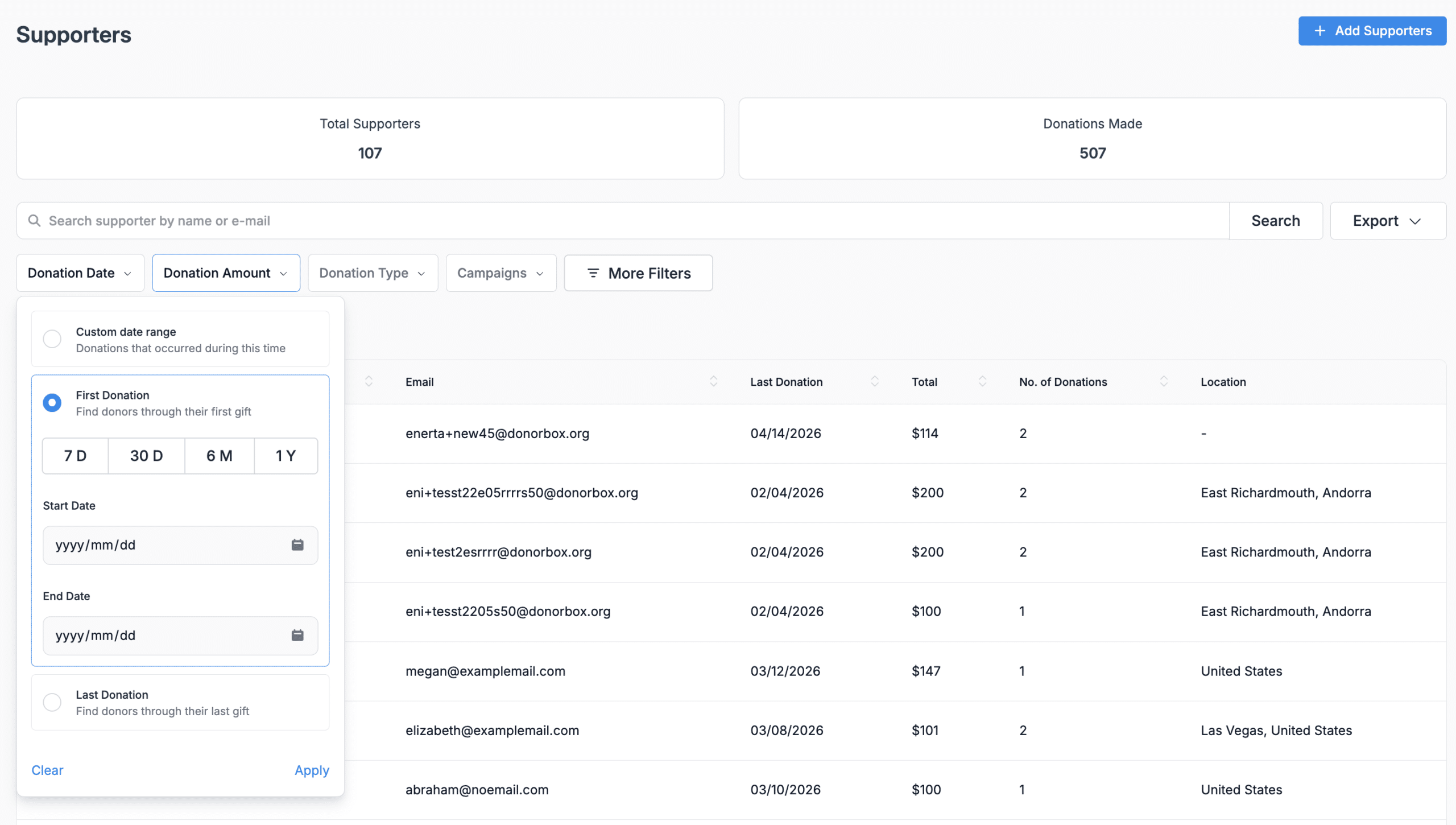 Screenshot of the First Donation and Last Donation filters on Donorbox