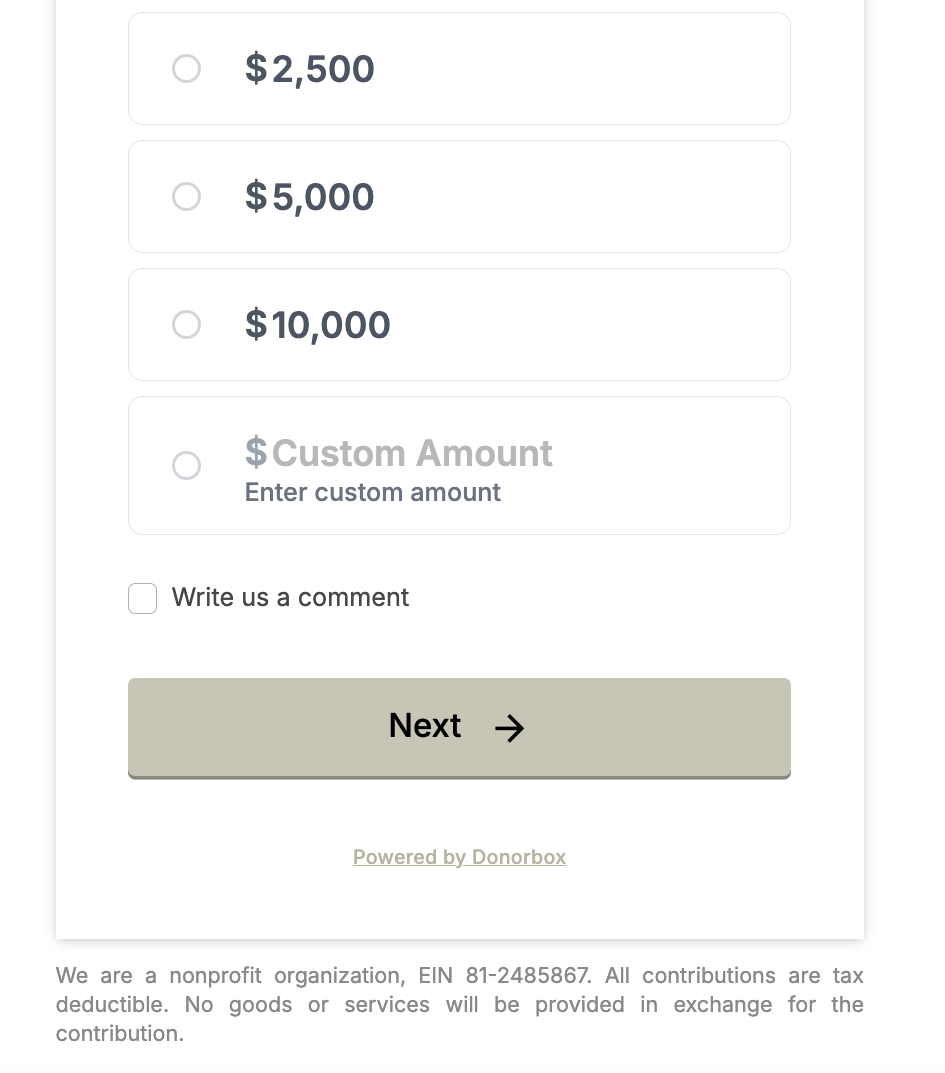 Screenshot showing how this organization included their tax-deductible status below their donation form to improve their conversion rates. 