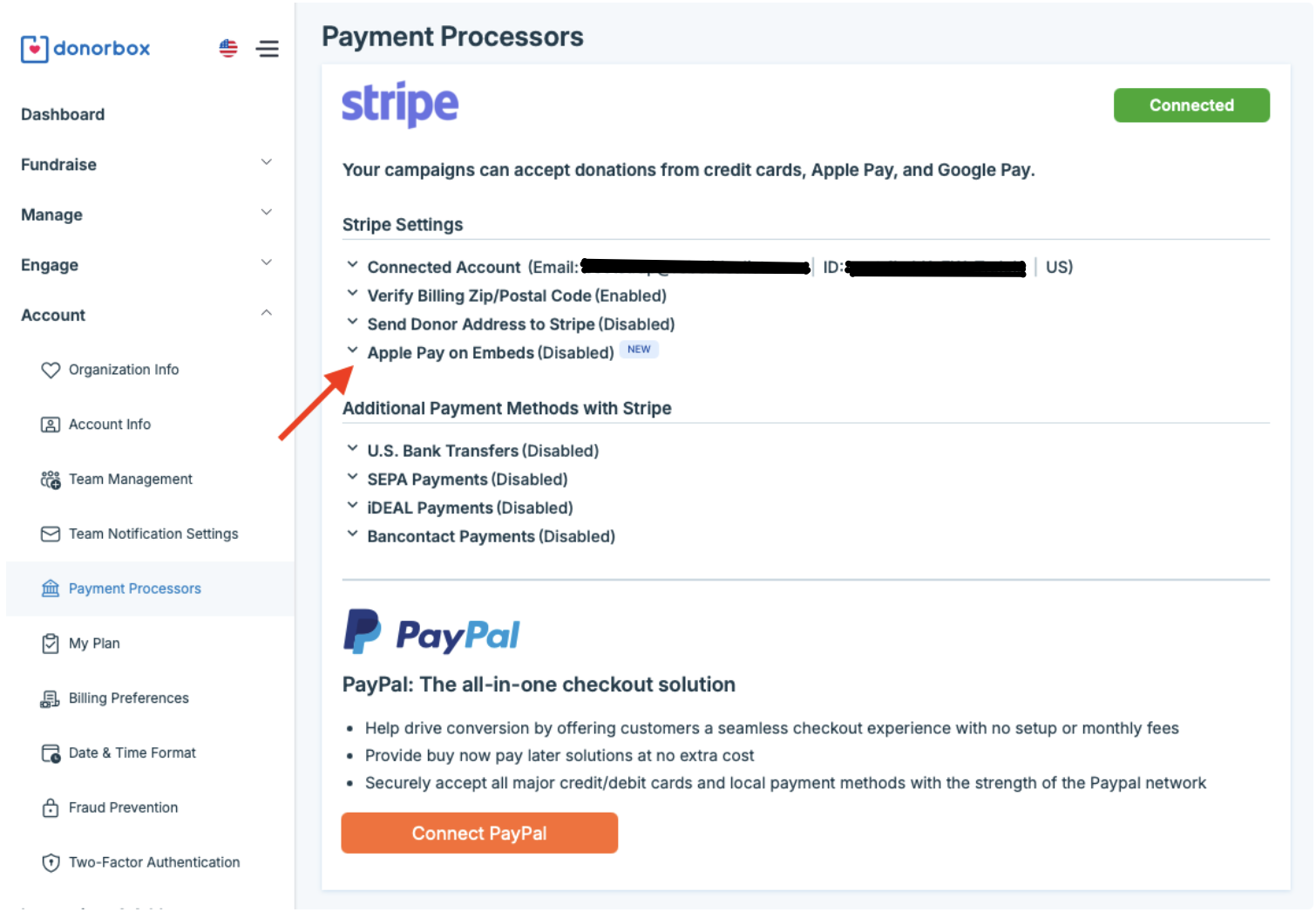 Screenshot showing where to access the Apple Pay option on the Donorbox payment processors page. 