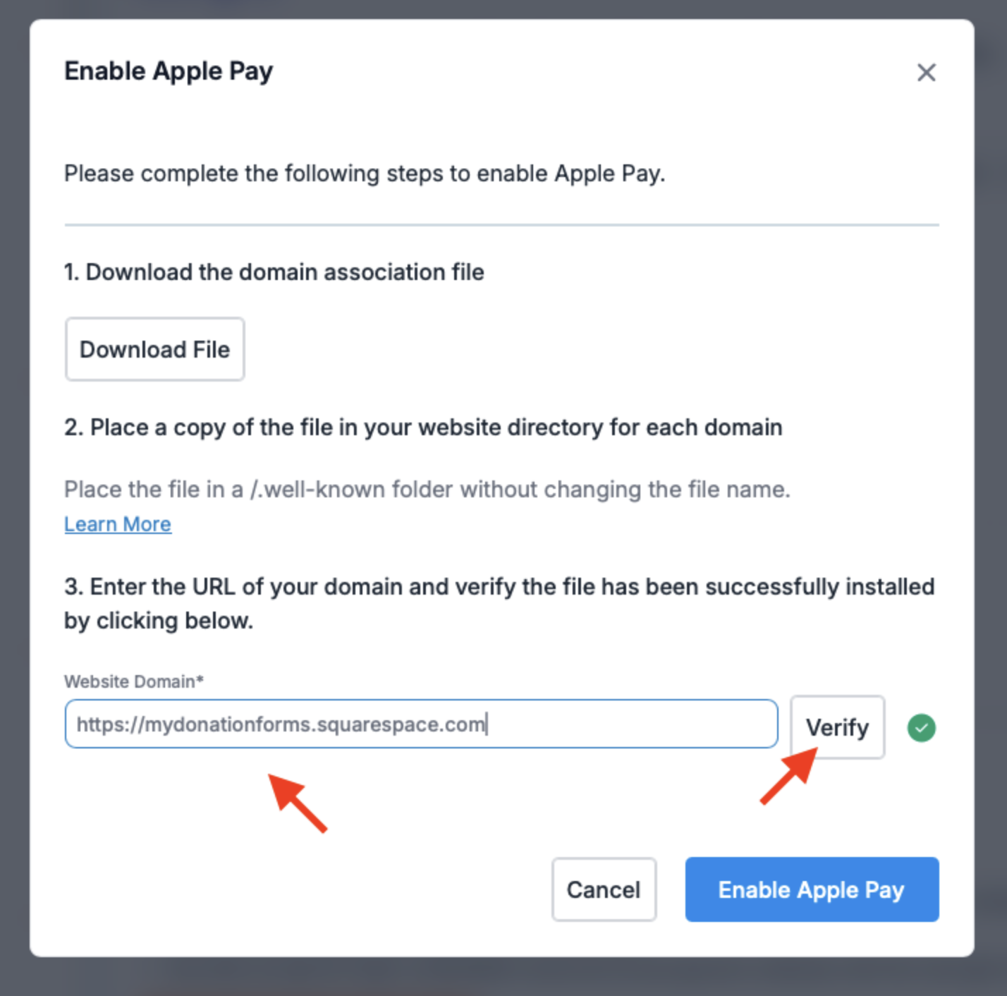 Screenshot shows how to verify that you have successfully added the Apple Pay domain association file to your website. 