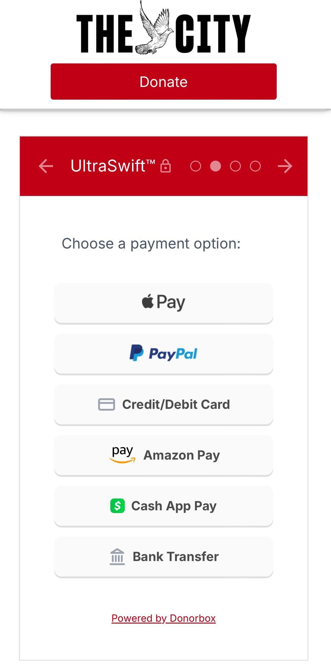 Screenshot shows an organization's donation form on a mobile device, with Apple Pay available. 