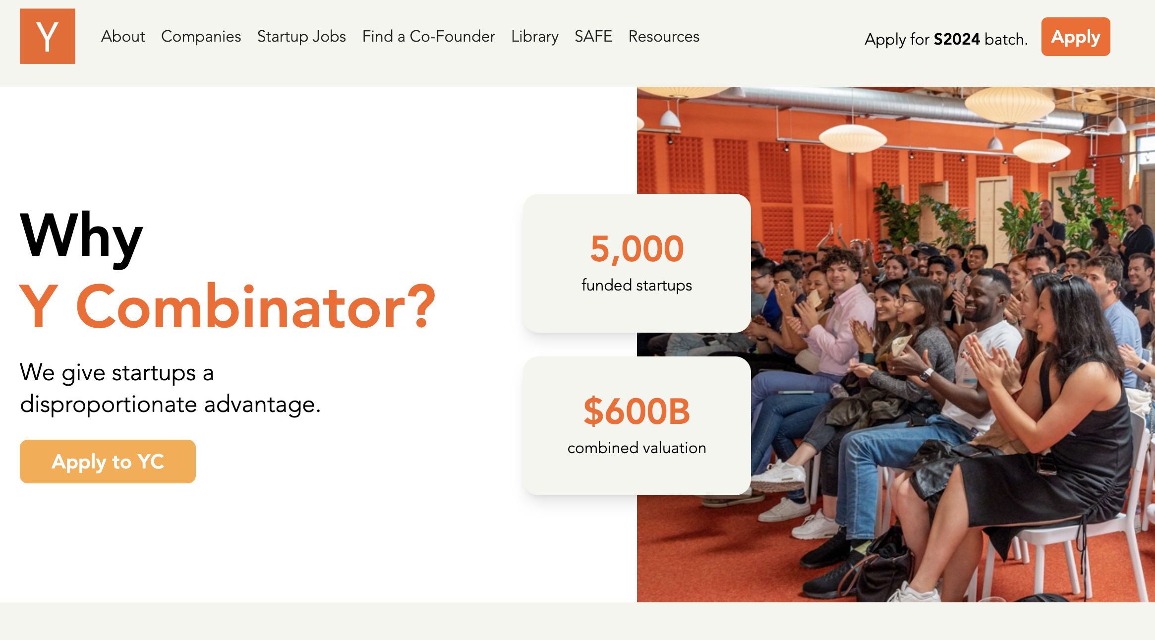 Screenshot of the Y Combinator homepage. 