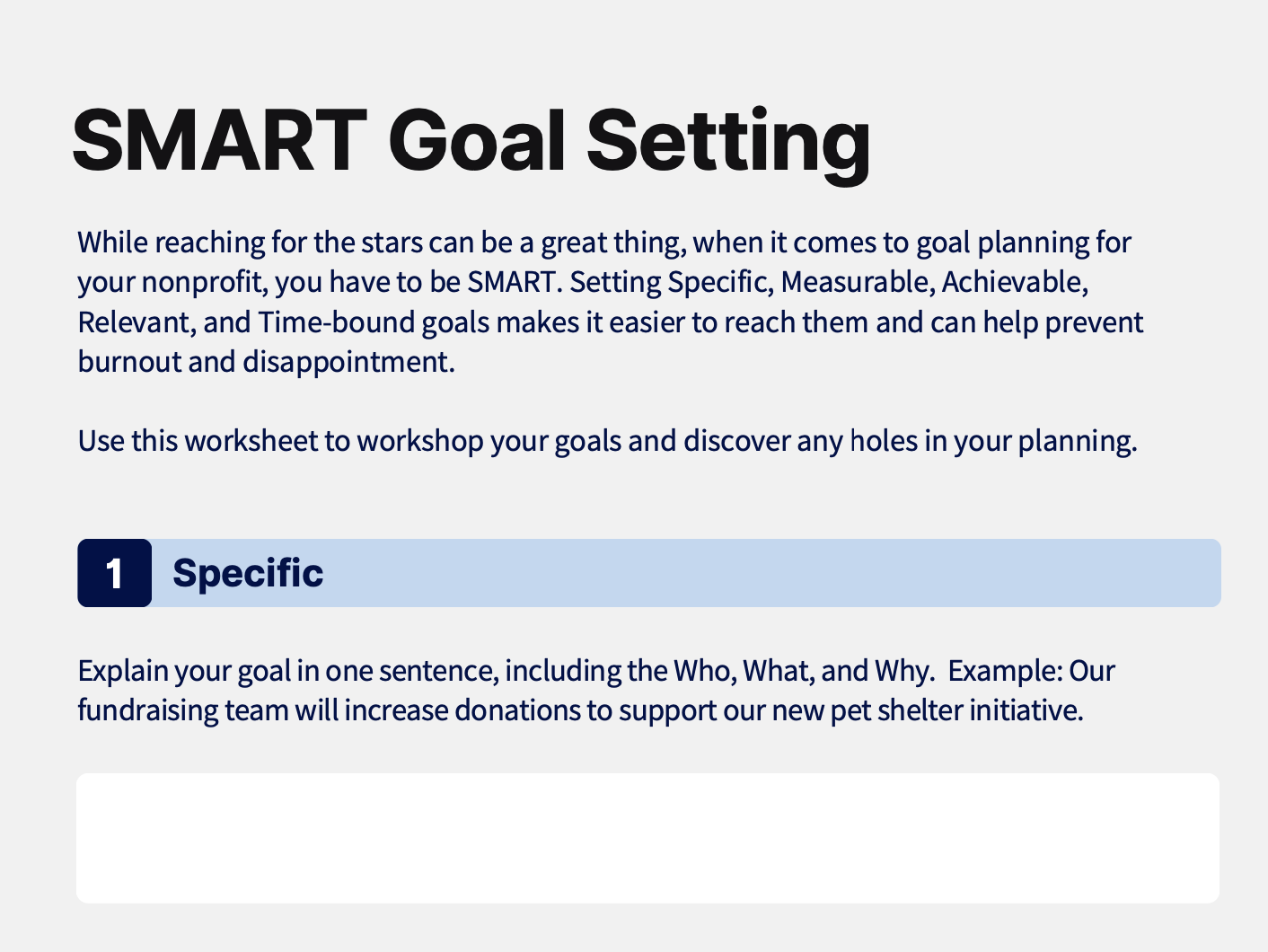 Screenshot of Donorbox's SMART Goal Setting Worksheet 