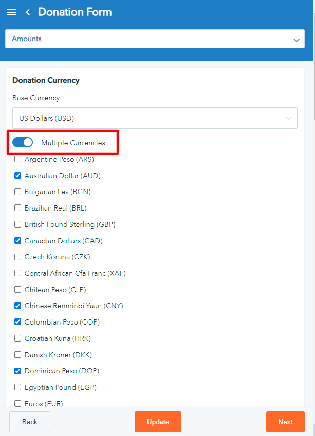 how to create multi currency donation forms