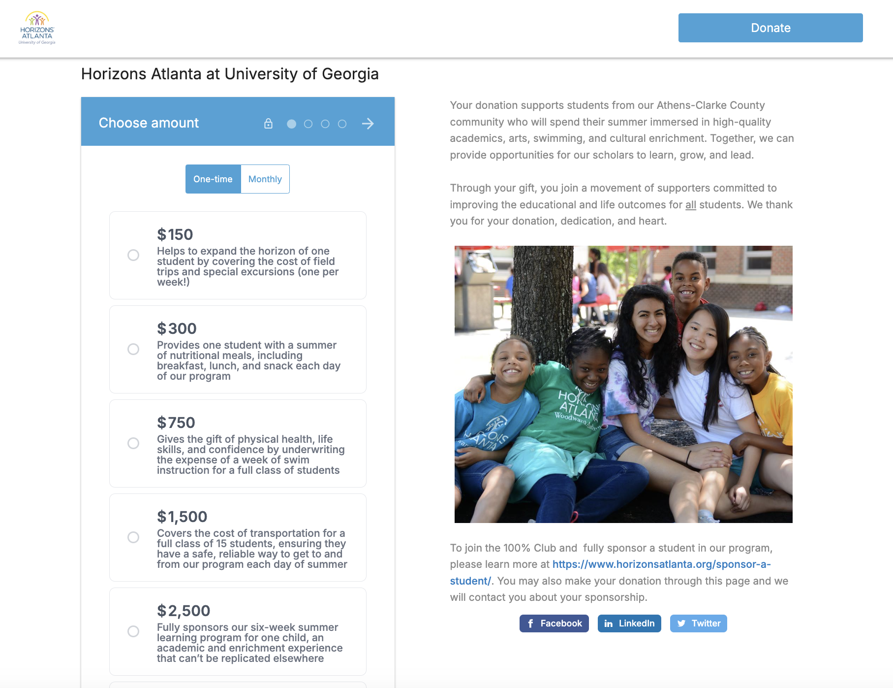 Screenshot of an organization's university fundraising page. 