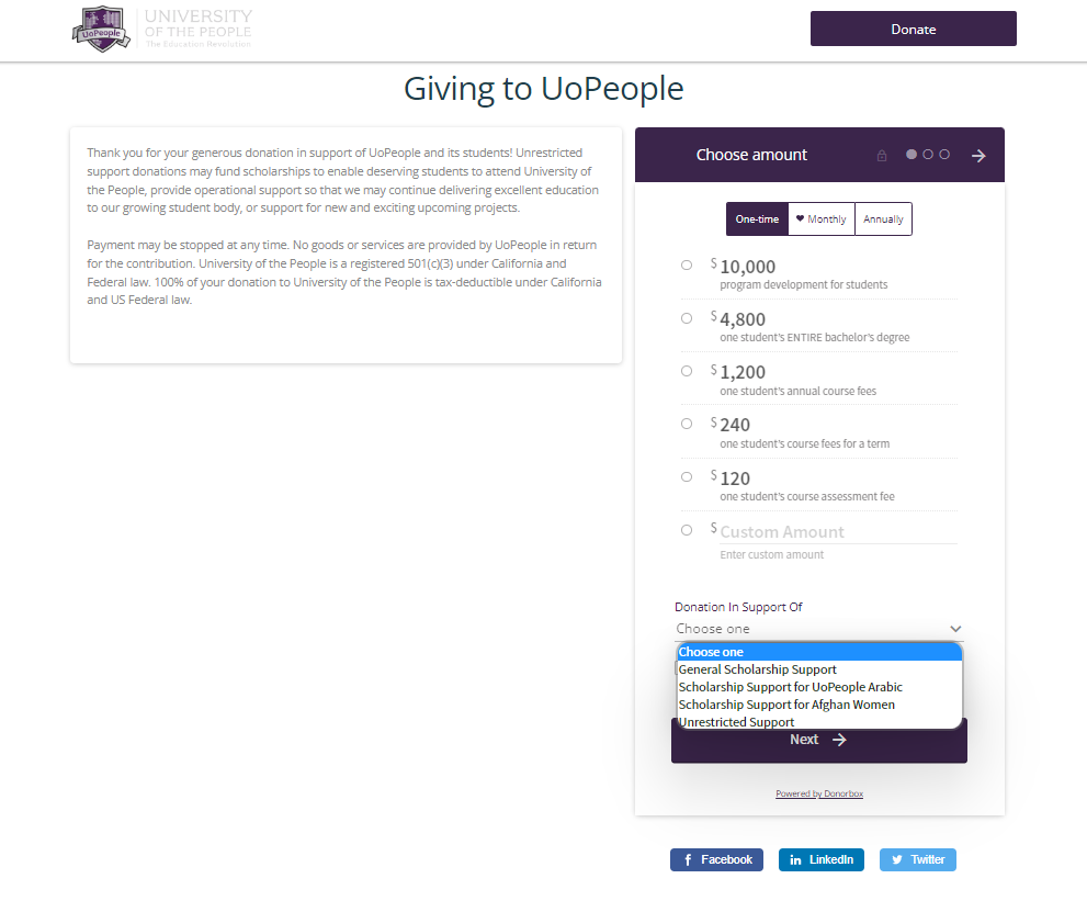 Screenshot shows the University of the People's university fundraising page. 