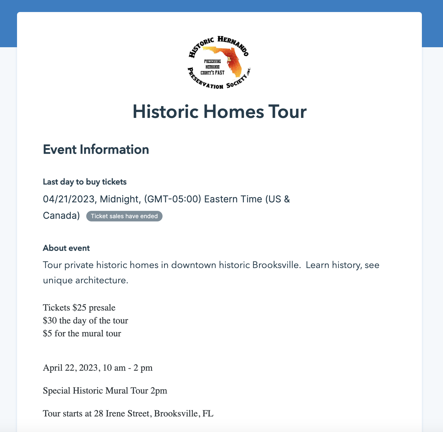 Screenshot of an organization's Donorbox Events page selling tickets for a historic homes tour. 