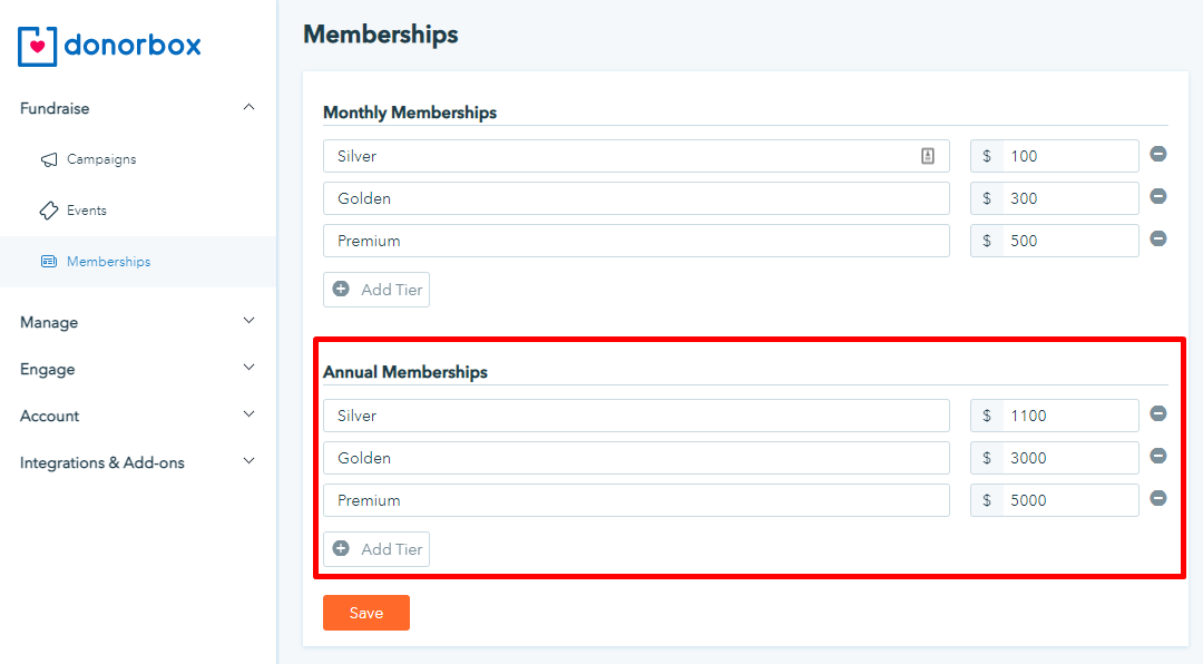 membership tiers on Donorbox