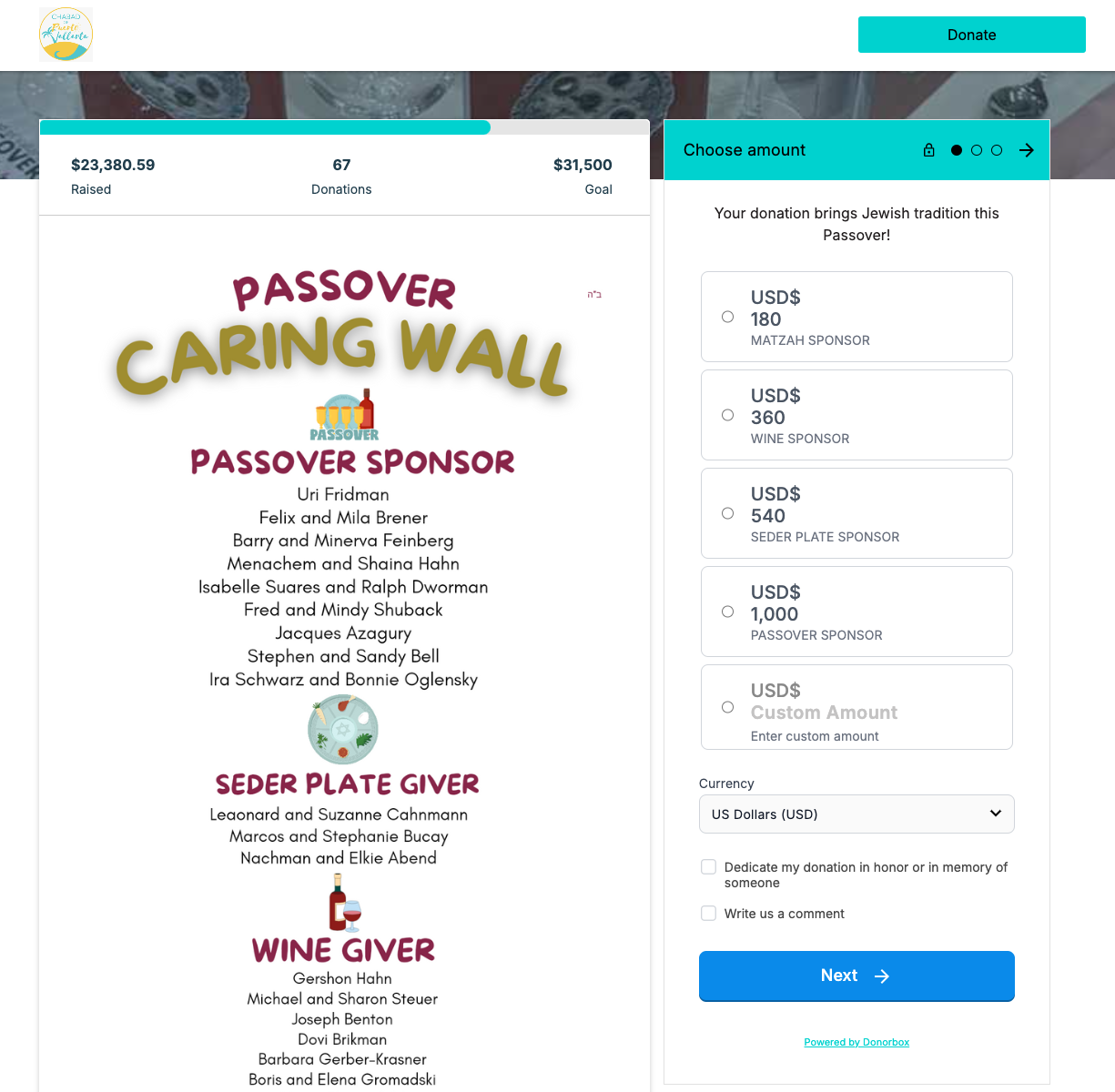 Screenshot showing an organization using Donorbox to fundraise for Passover. 