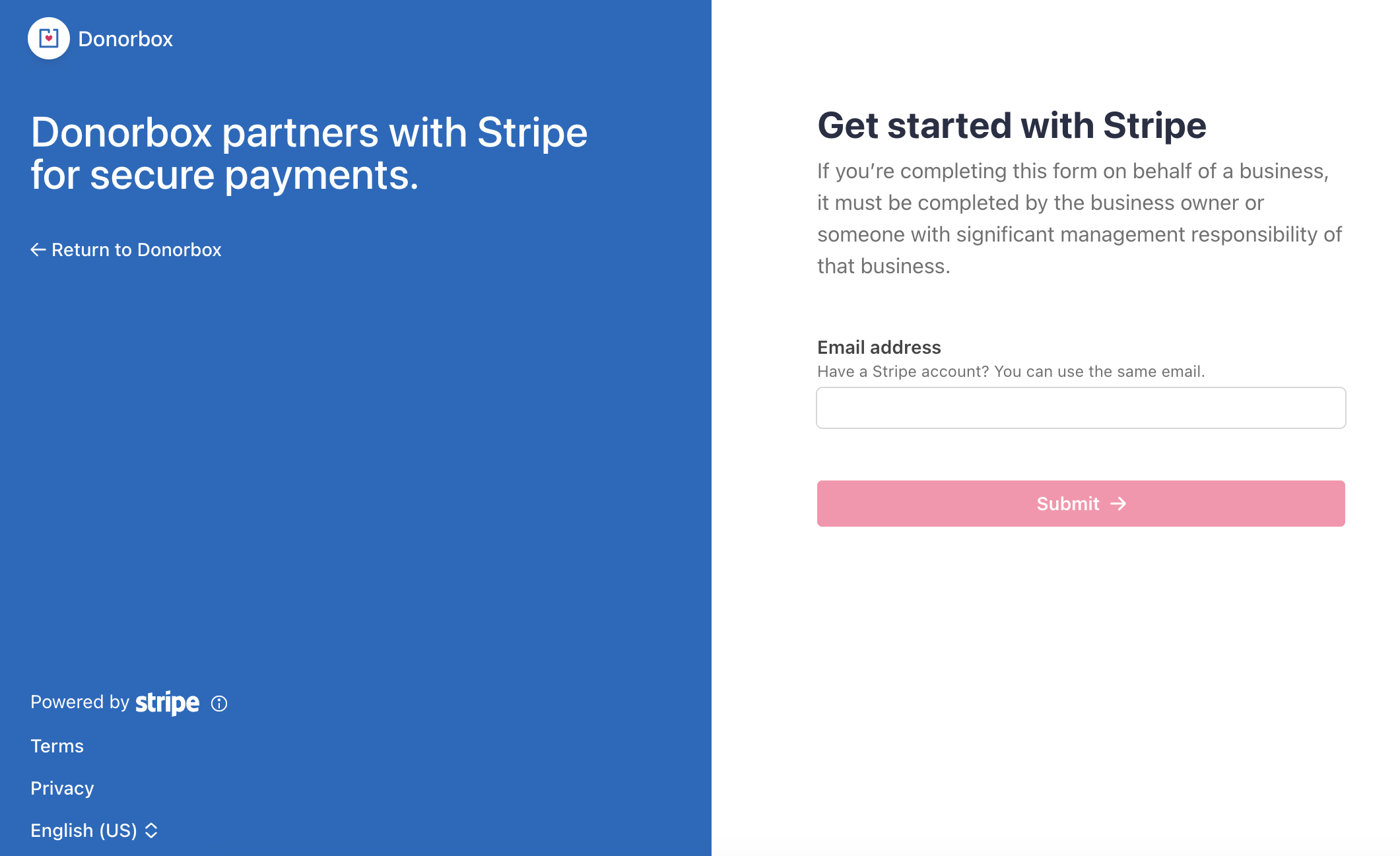 Screenshot of the process to sign up for Stripe through Donorbox. 