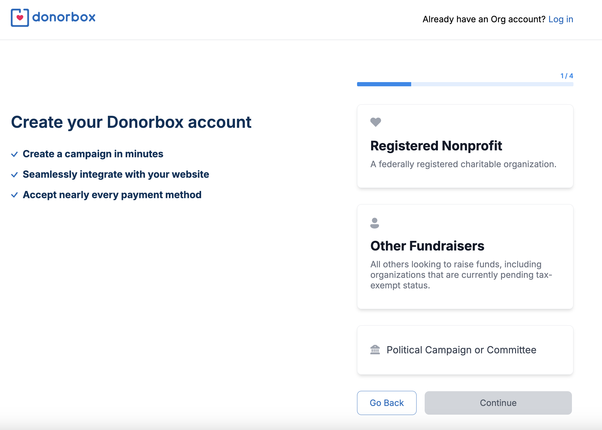 Screenshot showing the process to sign up for Donorbox. 