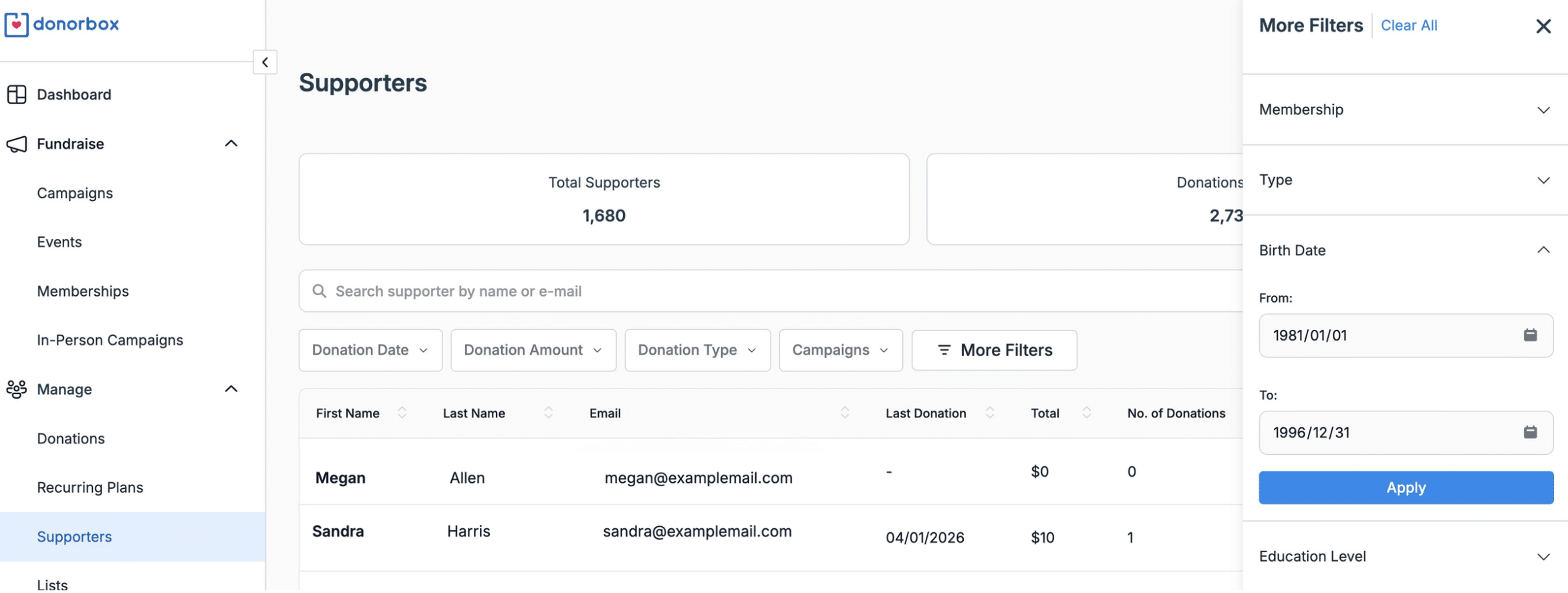 Screenshot of the Screenshot of Donorbox's advanced filtering options for segmenting your donors