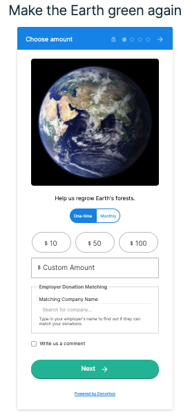 Screenshot shows a donation form for a Donorbox campaign that will be mapped to Salesforce. 