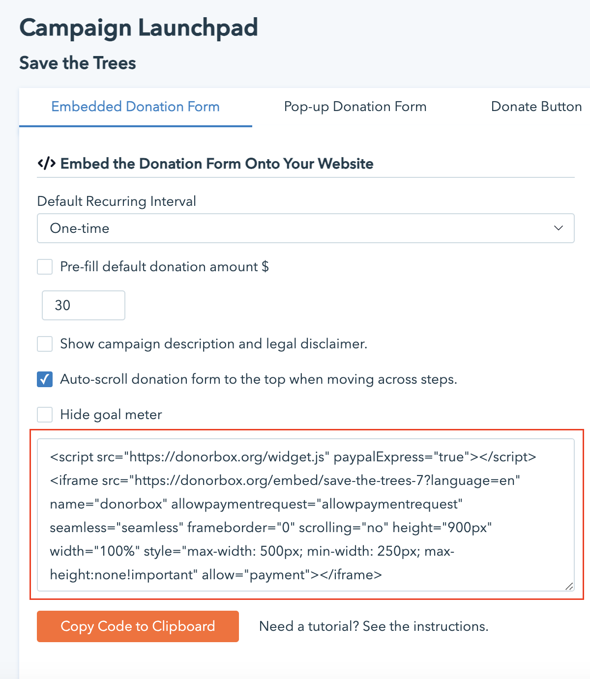 Screenshot showing where to copy your donation form code. 
