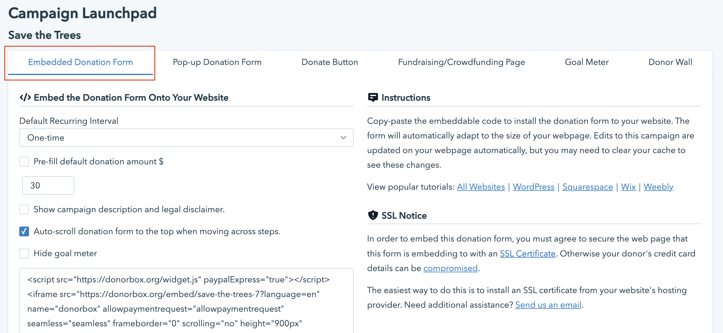 Screenshot showing where to locate the embedded donation form tab on Donorbox. 