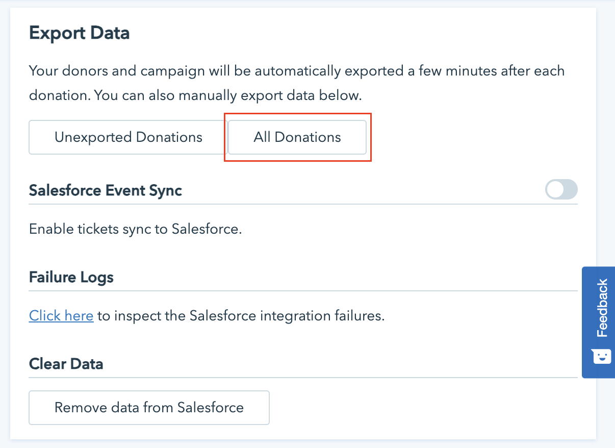 Screenshot shows how to export all Donorbox data to Salesforce. 