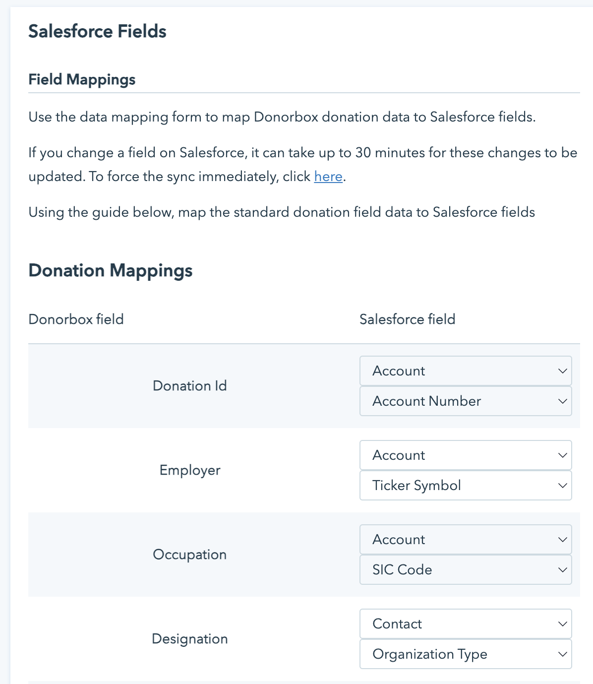 Screenshot shows the standard mapping available for the Donorbox + Salesforce integration. 