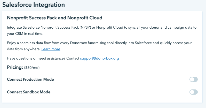 Screenshot shows the Salesforce integration page before a toggle has been selected. 