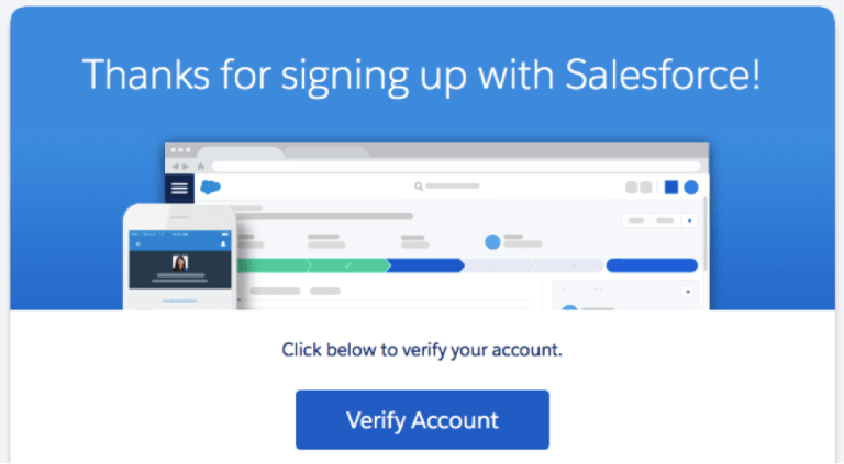 Screenshot showing the welcome email you will receive upon signing up for a Salesforce trial. 