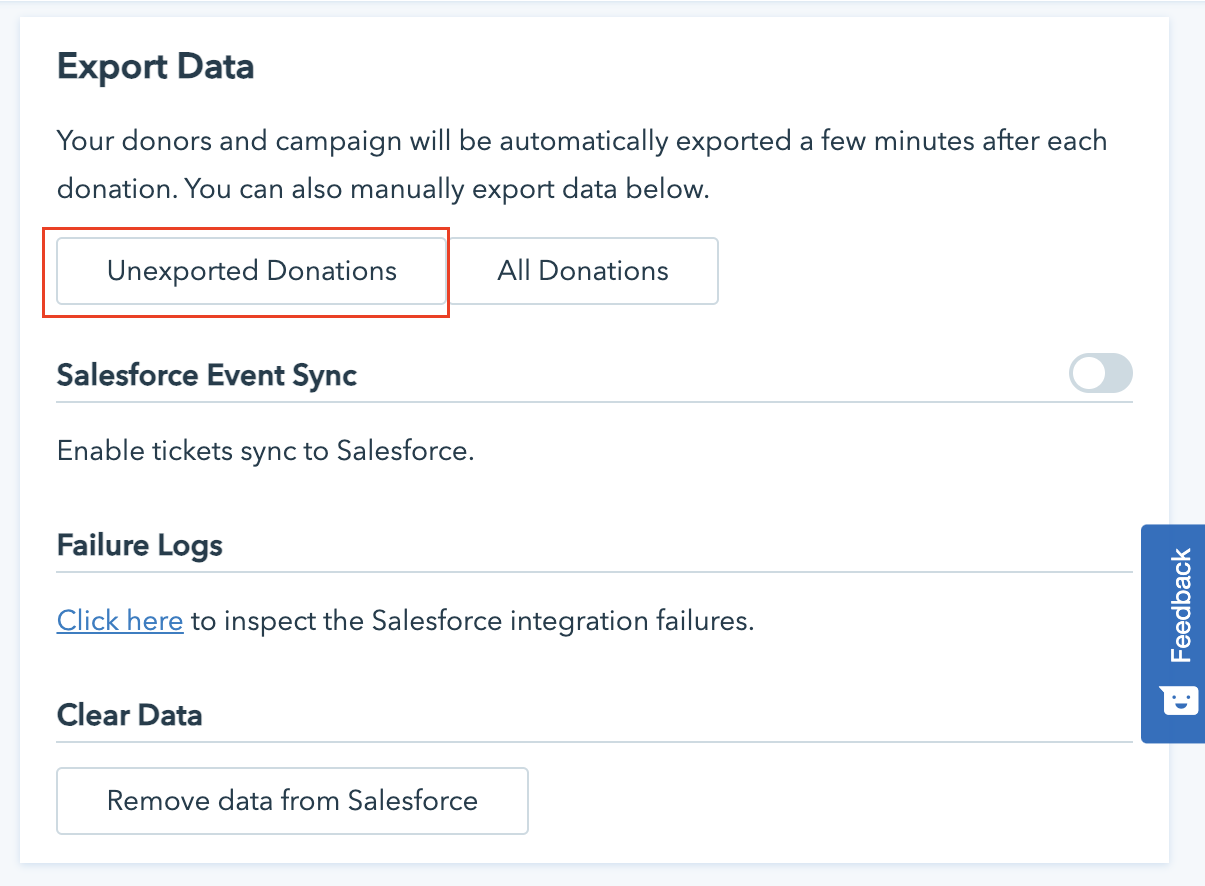 Screenshot shows how to export any unexported donations. 