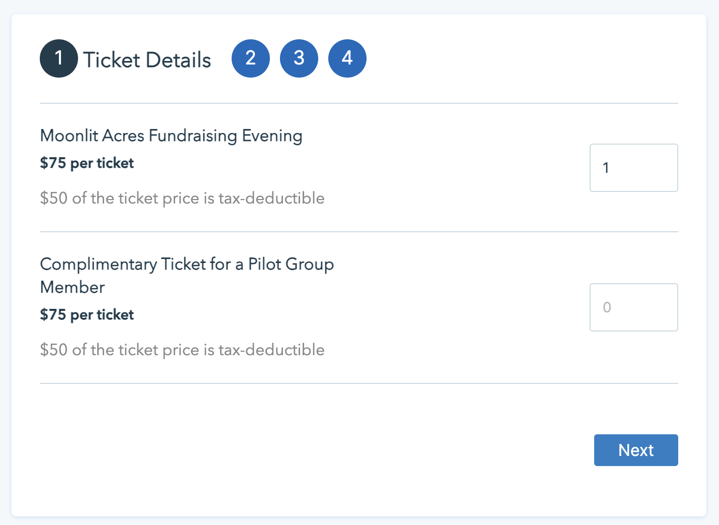 Screenshot showing the ticket details on a Donorbox Events page. 
