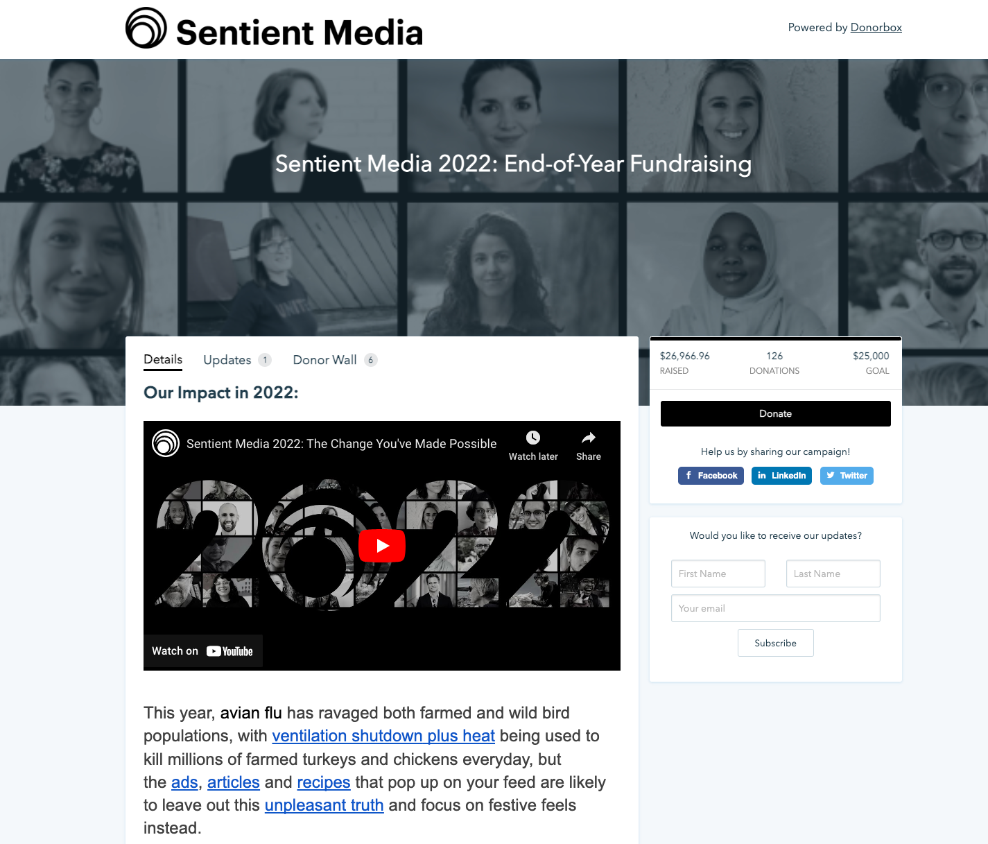 Sentient Media - 2022 Year-End Appeal Campaign on Donorbox