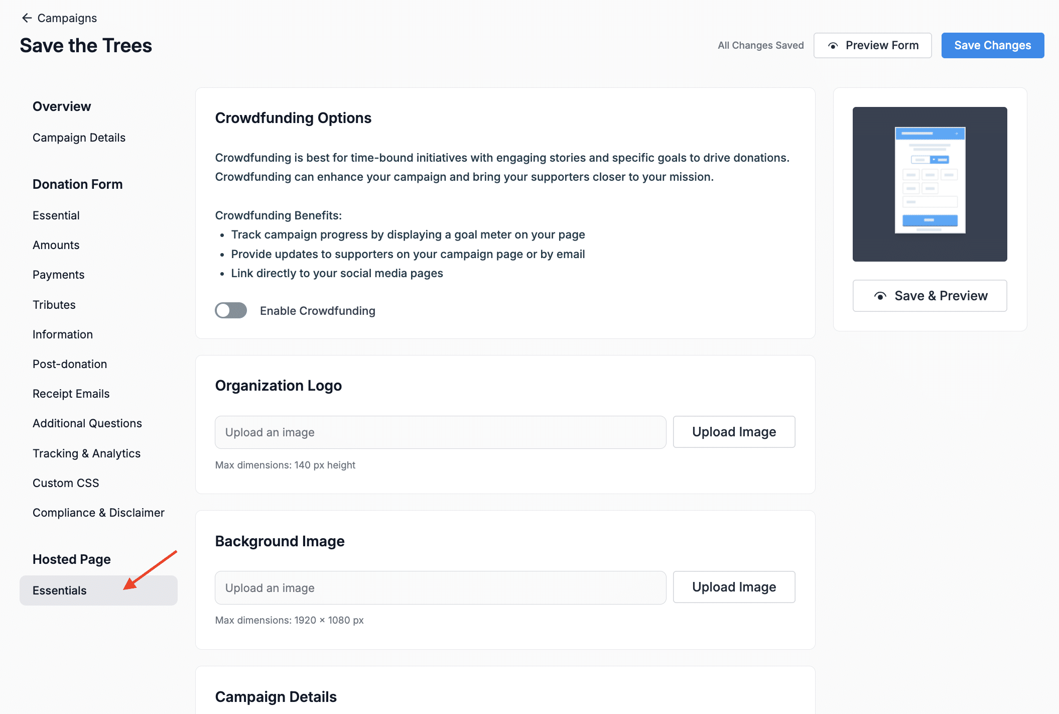 Screenshot of Donorbox's campaign editor to update a hosted Donation Page