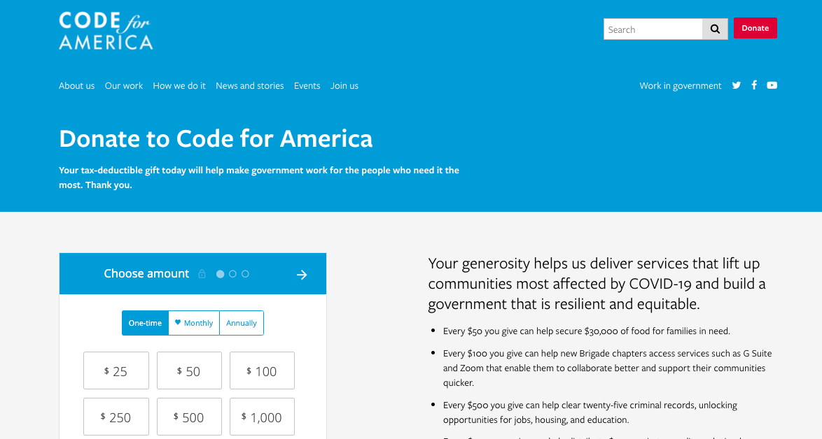 CODE for America With Donorbox donate button