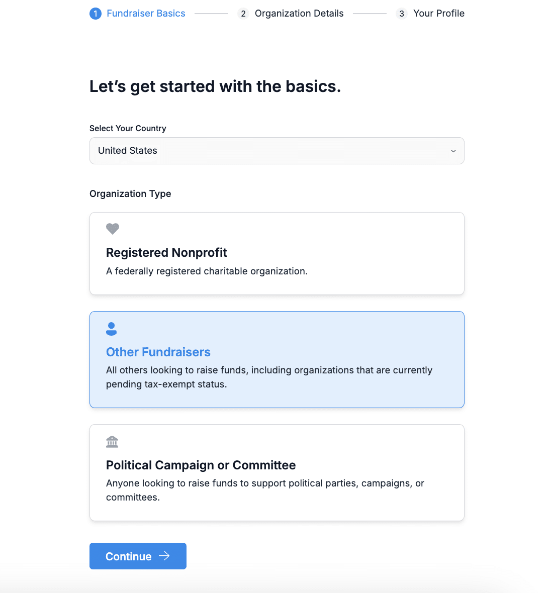 Screenshot showing the sign up process for Donorbox.