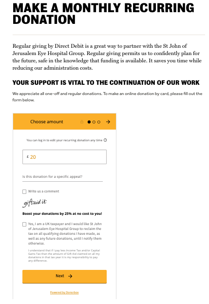 Donation button to donation form on website - example. 