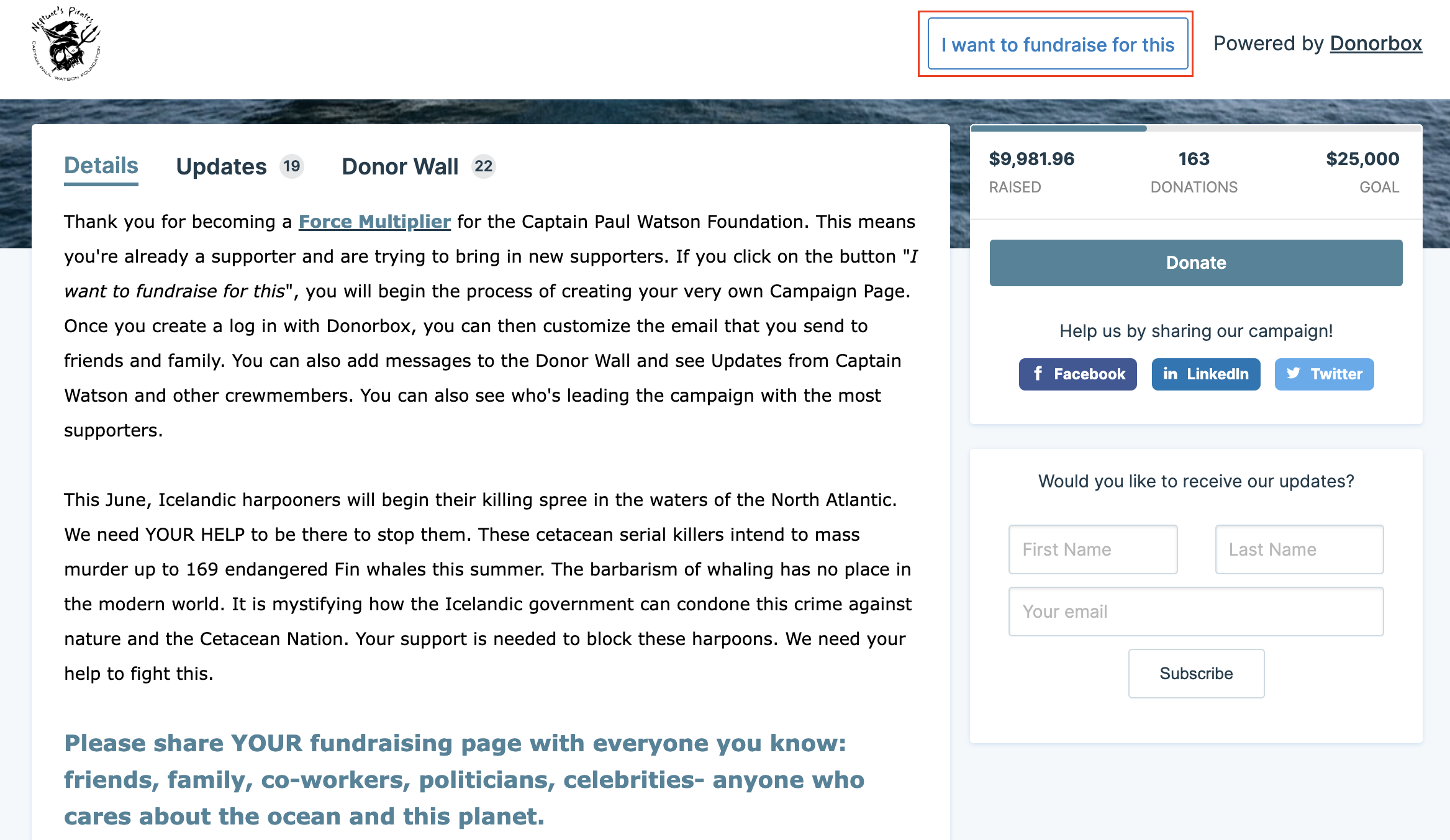 Example of an organization using a Donorbox peer-to-peer fundraising page as a virtual fundraiser.