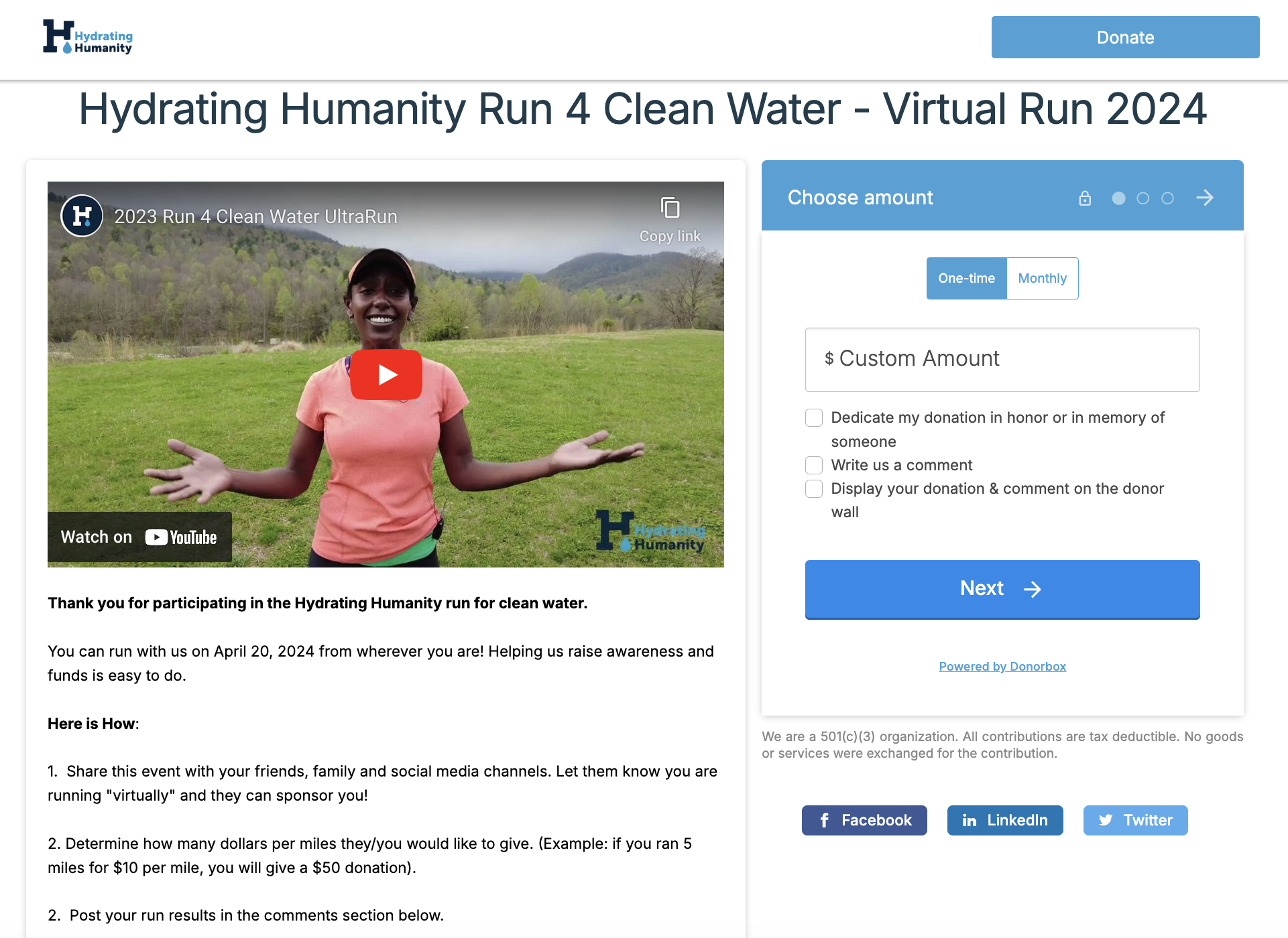Example of an organization hosting a virtual run using a Donorbox donation page. 