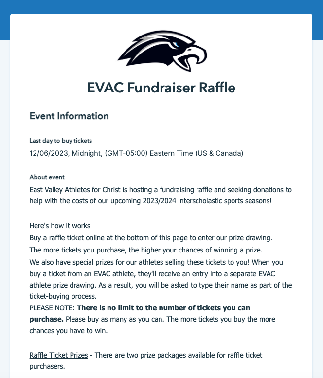 Organization using Donorbox Events to sell raffle tickets for their sports fundraiser. 