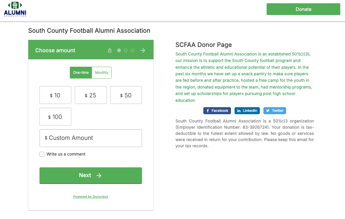 Organization using a Donorbox donation page for their football fundraising. 