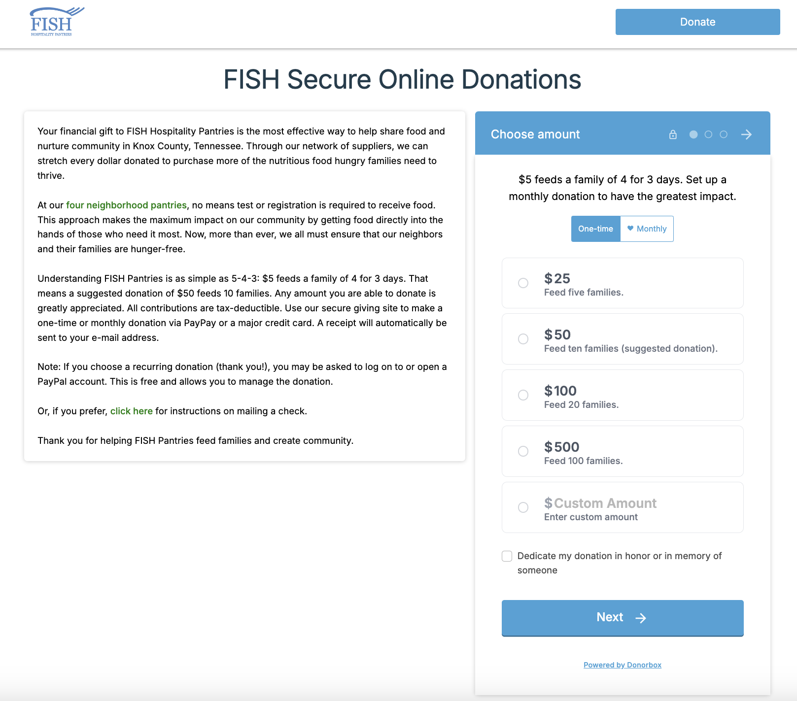 Screenshot of a Donorbox donation form with recurring giving added as an option. 