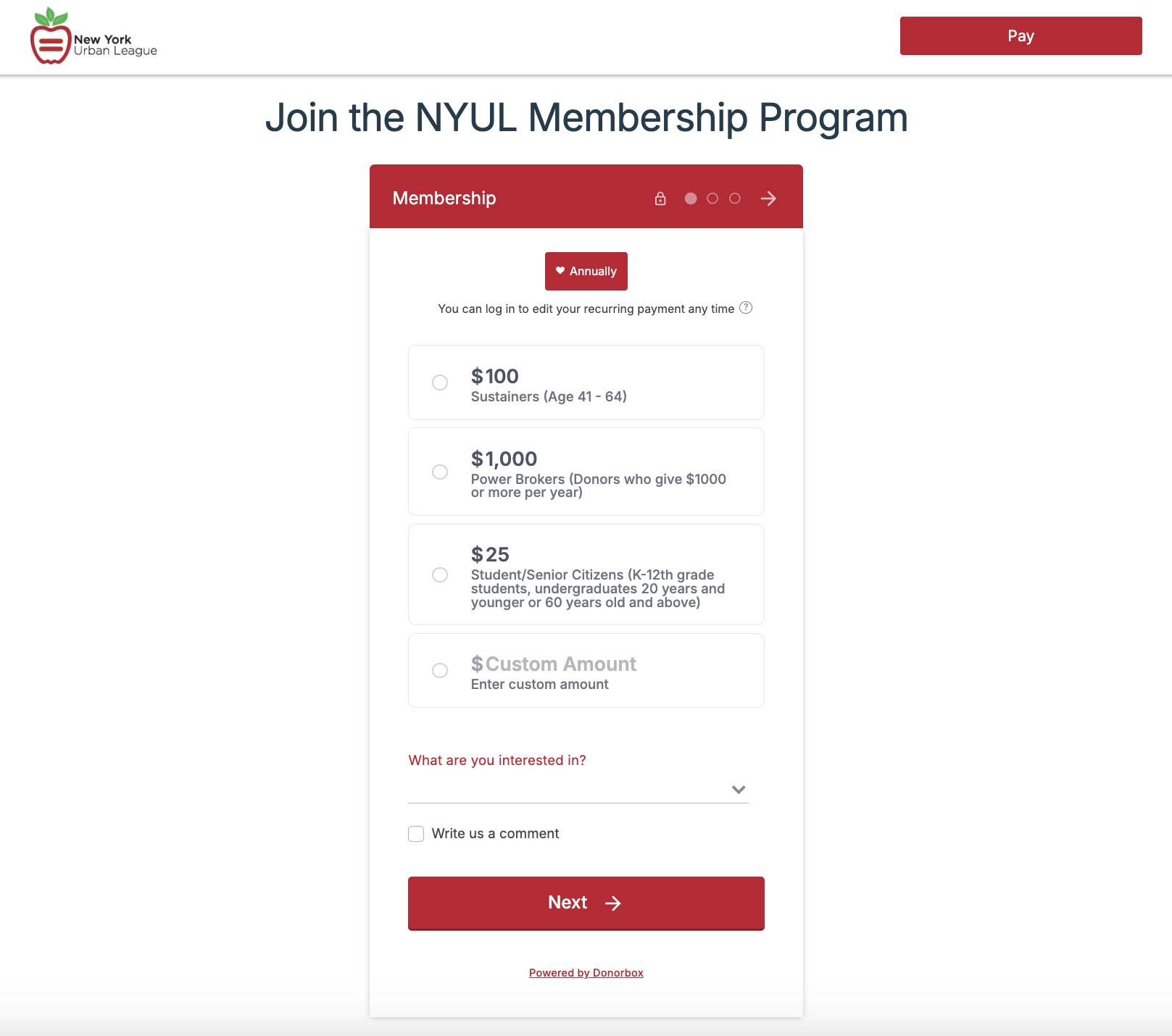 Screenshot of an organization's Donorbox membership form. 